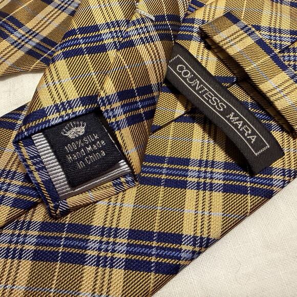 Countess Mara Silk Plaid Tie – Gold & Navy with Crown Crest - Picture 5 of 10